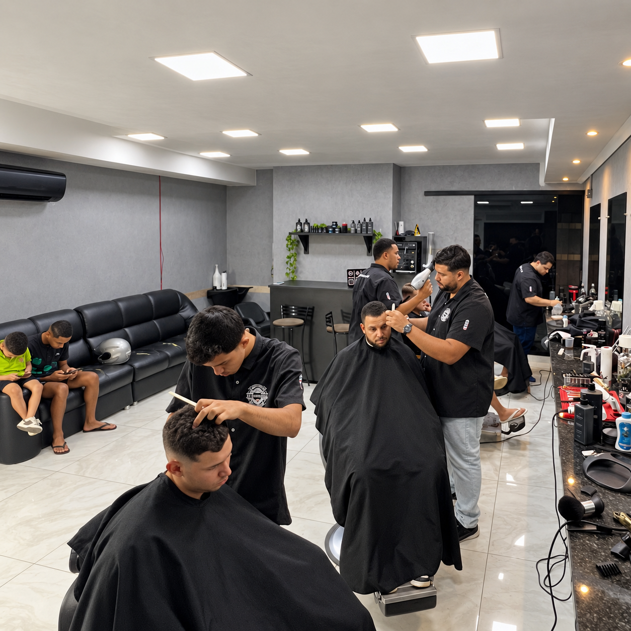 Interior atual da GT Barbearia, com a equipe atendendo os clientes